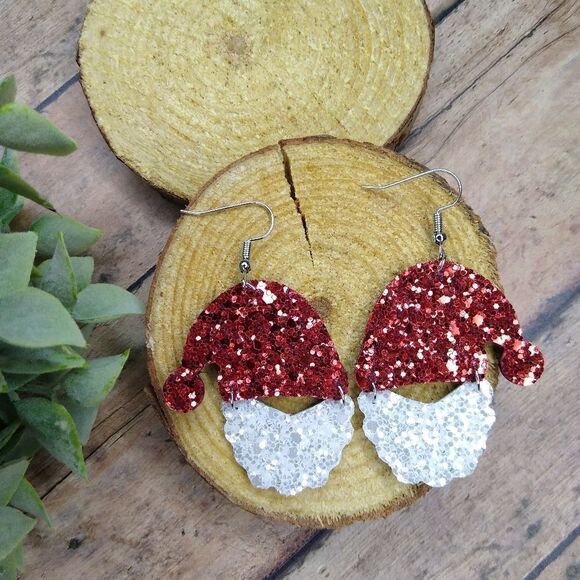 Santa Chunky Glitter Leather Sparkly Handcrafted Earrings - Picture 1 of 3